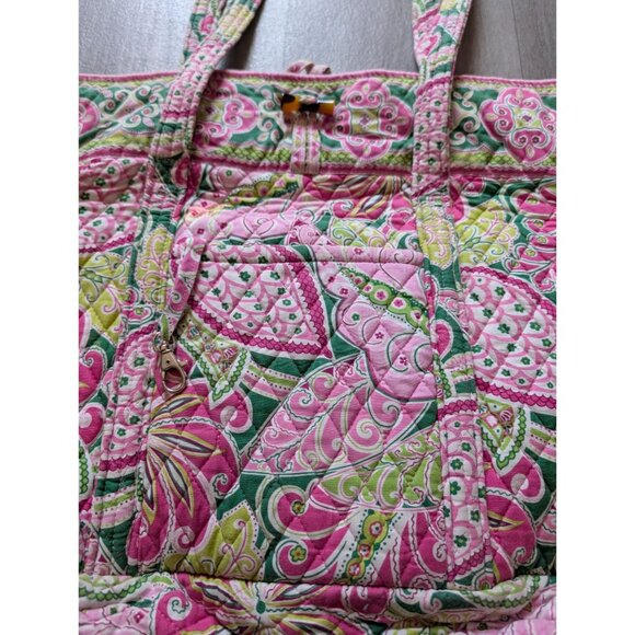 Vera Bradley Quilted Tote Bag Pink & Green Paisley Print Button Closure Dual Han - Picture 3 of 8